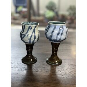 2 Pottery Stoneware Wine Goblets Chalice Hand Crafted Artist Signed Studio Clay